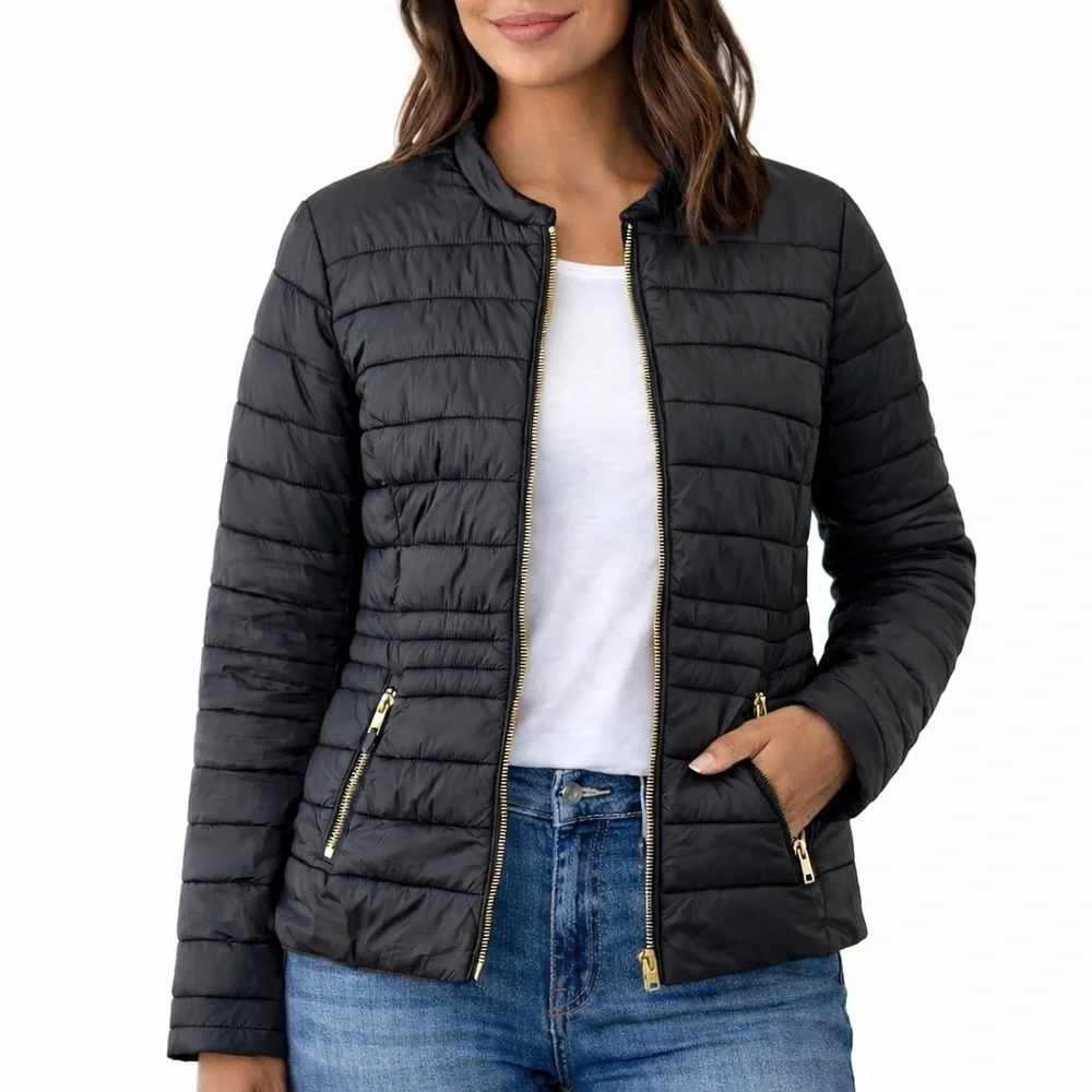 Collection Pimkie Black Nylon Puffer Jacket with Gold Zippers Size Large - Picture 2 of 11